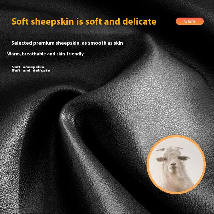 Close-up of soft, black sheepskin leather texture with text highlighting its warmth, breathability, and skin-friendly qualities