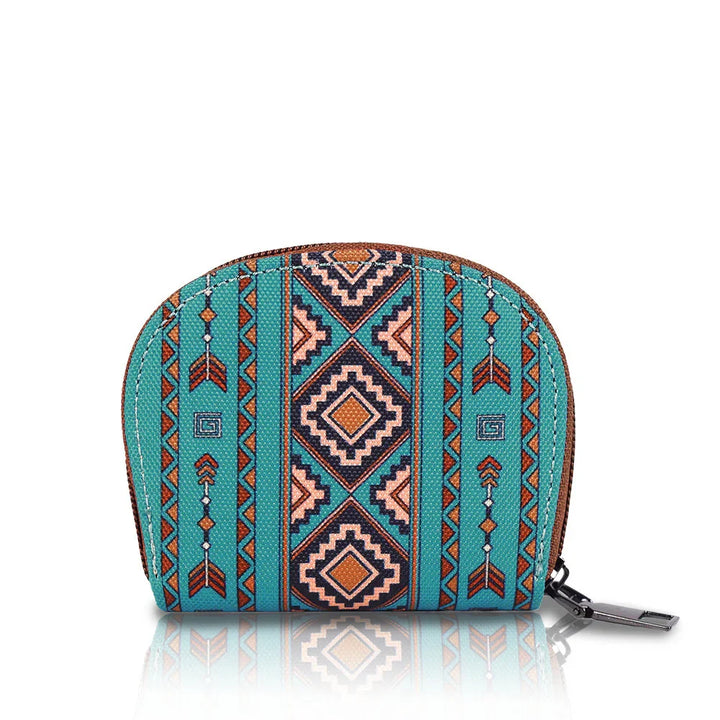 Small zippered pouch with turquoise, orange, and navy geometric and arrow tribal pattern