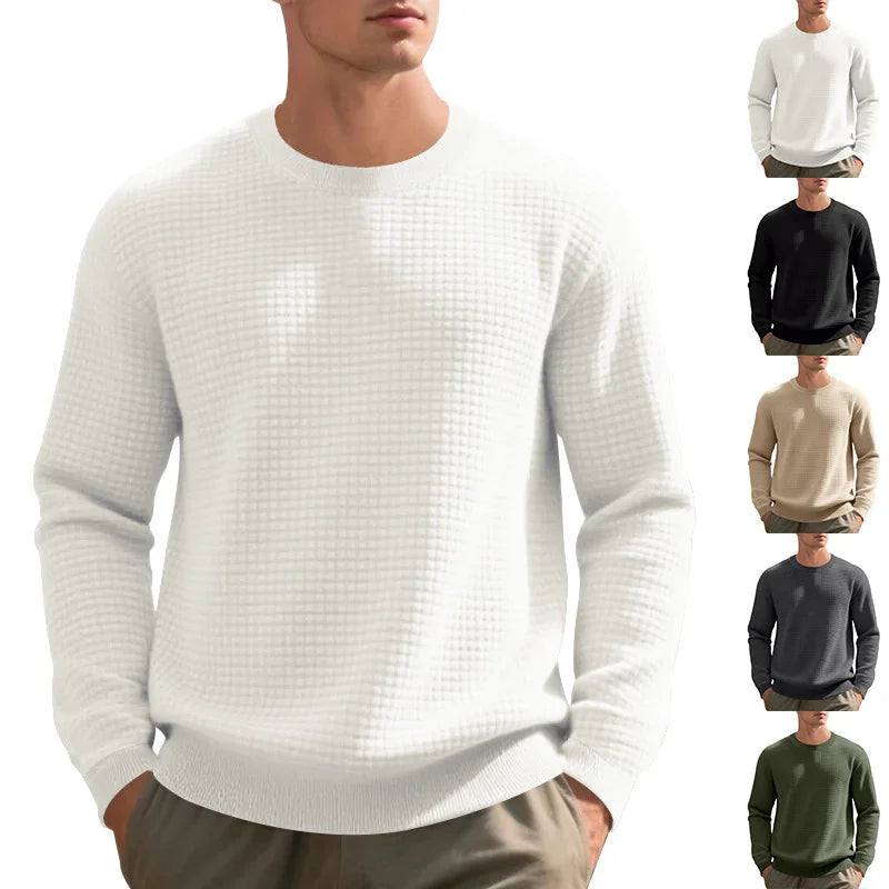 Men's waffle knit crew neck sweater in white, shown with multiple color options, paired with casual pants