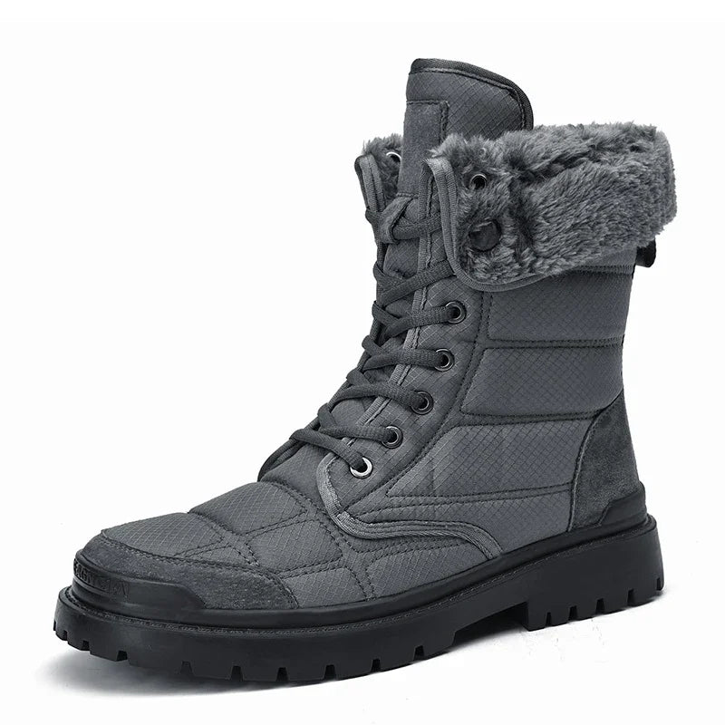 grey quilted winter boot with fur lining and rugged black sole