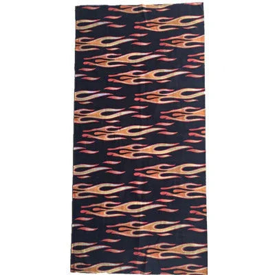 Black fabric with repeating orange and red flame pattern design