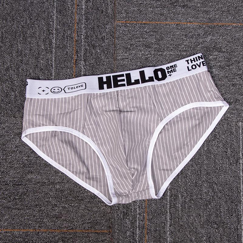 Striped gray men's briefs with white trim and waistband featuring smiley face and HELLO print
