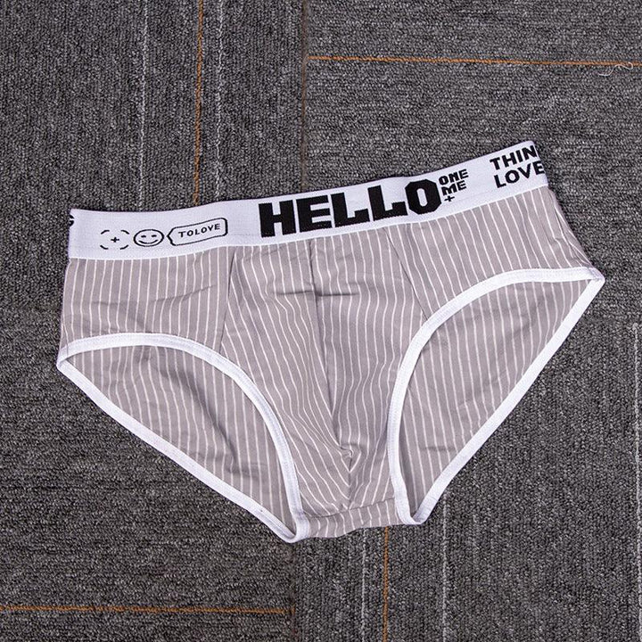 Striped gray men's briefs with white trim and waistband featuring smiley face and HELLO print
