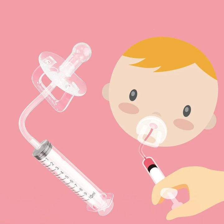 Baby feeding syringe with pacifier and hand feeding liquid on pink background illustration