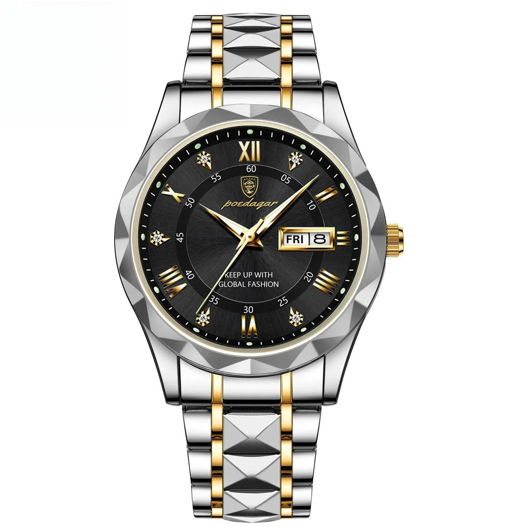 Silver and gold men's wristwatch with black dial, Roman numerals, date display, and metal link band