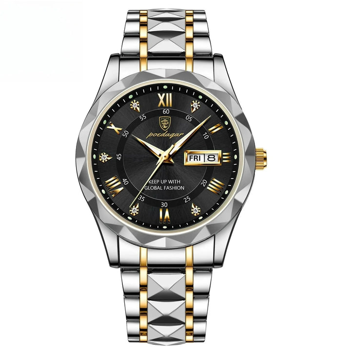 Silver and gold men's wristwatch with black dial, Roman numerals, date display, and metal link band