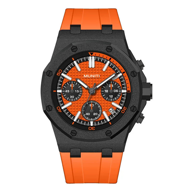 MUNITI sports chronograph wristwatch with black case, orange dial, and matching orange rubber strap