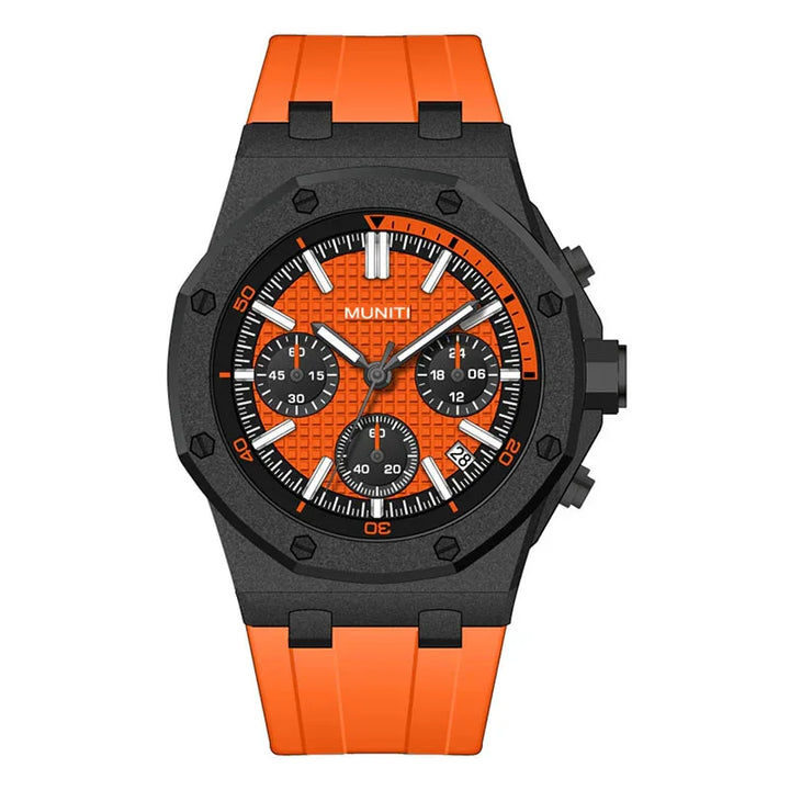 MUNITI sports chronograph wristwatch with black case, orange dial, and matching orange rubber strap