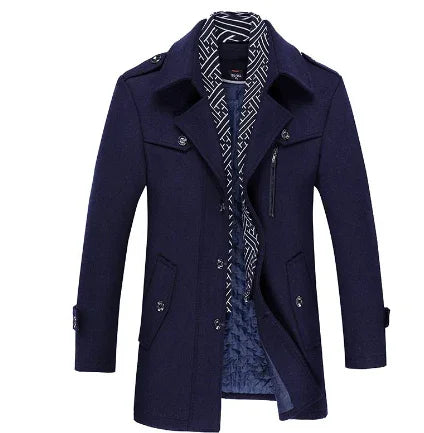 men's navy blue wool coat with geometric patterned inner lining and button pocket details