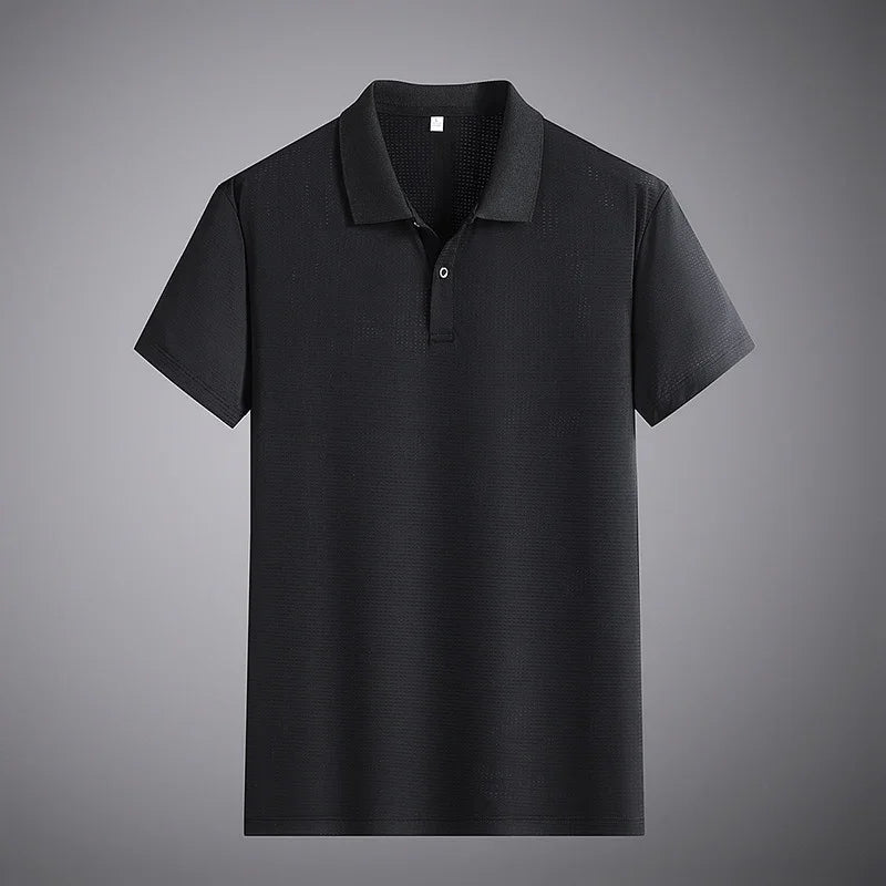 black short-sleeve polo shirt with collar and two-button placket on gray background