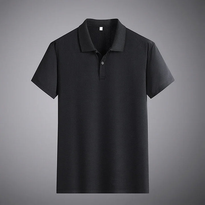 black short-sleeve polo shirt with collar and two-button placket on gray background