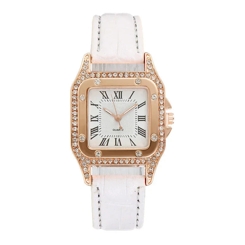 Elegant quartz wristwatch with white leather strap, rose gold square case, and crystal accents