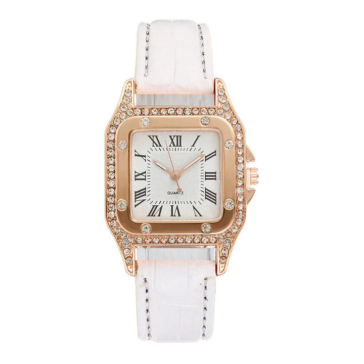 Elegant quartz wristwatch with white leather strap, rose gold square case, and crystal accents