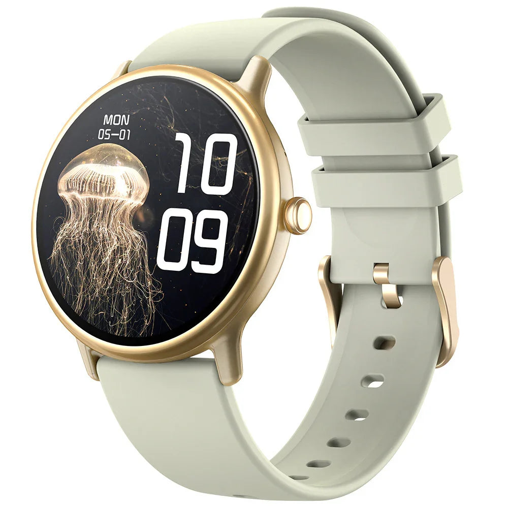 Gold round smartwatch with jellyfish watch face and light gray silicone band