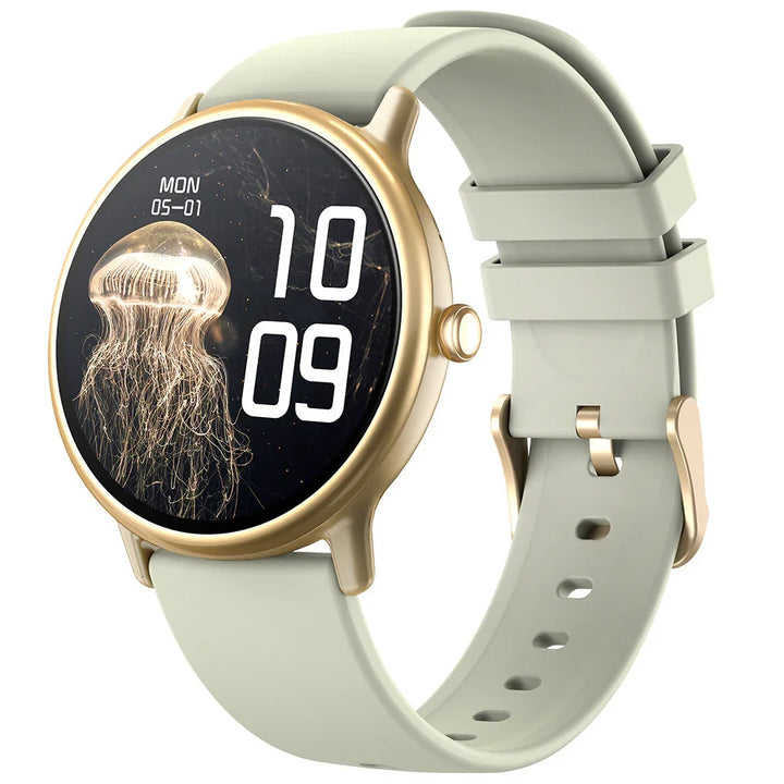 Gold round smartwatch with jellyfish watch face and light gray silicone band