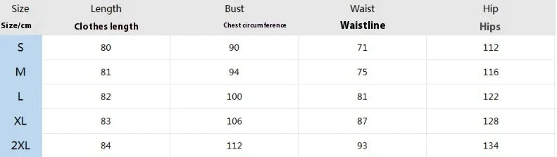 Women’s size chart showing clothes length, bust, waistline, and hip measurements in cm for sizes S to 2XL