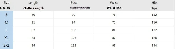 Women’s size chart showing clothes length, bust, waistline, and hip measurements in cm for sizes S to 2XL