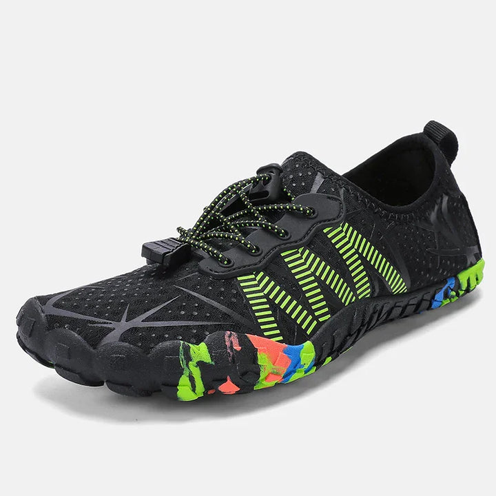 Black water shoe with neon green stripes, multicolor sole and quick-dry mesh upper