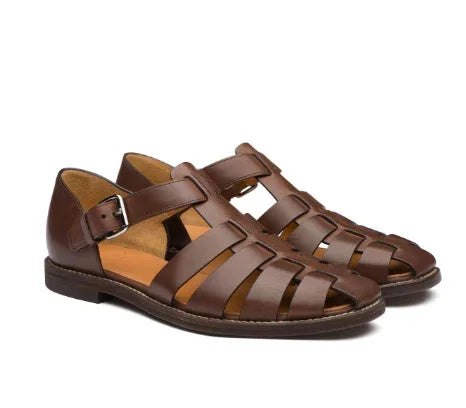 Brown leather men's fisherman sandals with buckle closure and stitched sole