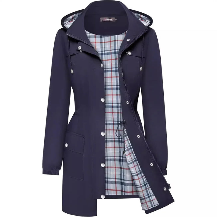 Navy blue raincoat with hood and plaid lining, front pockets, zip and snap buttons