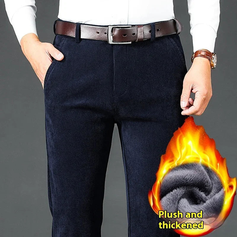 Man wearing dark blue corduroy pants with brown leather belt, plush and thickened fabric highlighted