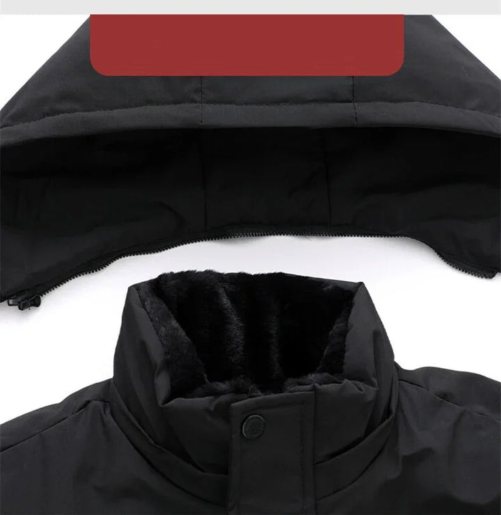 Black winter jacket with detachable padded hood and soft faux fur inner collar