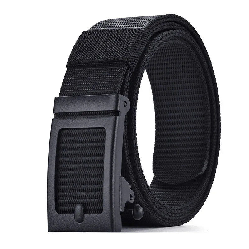 black woven fabric belt with matte black buckle rolled on white background
