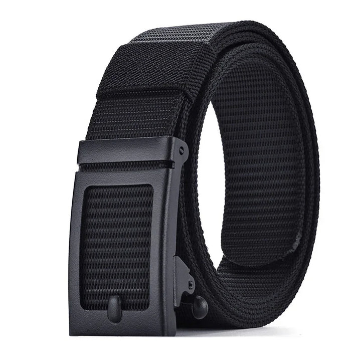 black woven fabric belt with matte black buckle rolled on white background