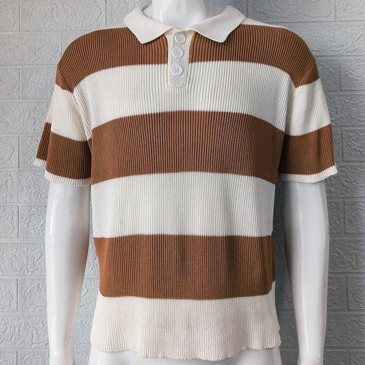 Men's short sleeve knit polo shirt with wide brown and white stripes on mannequin