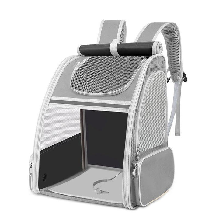 Gray pet carrier backpack with mesh panels, padded straps, and side pockets for small pets