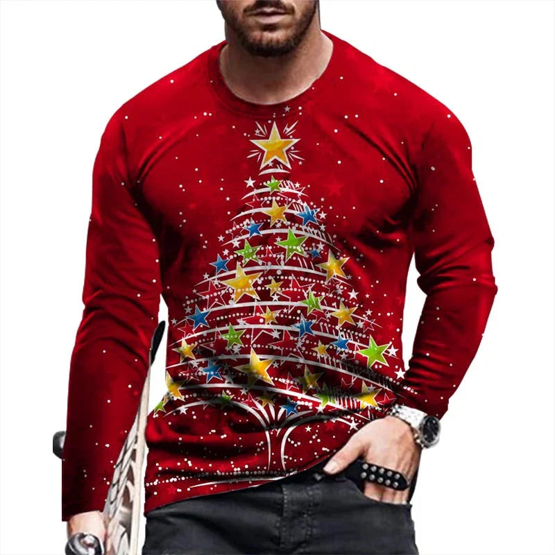 Man wearing red Christmas sweater with colorful star-decorated tree design and white snowflakes
