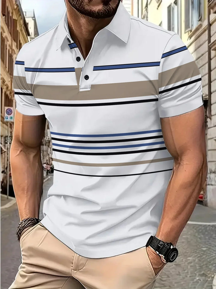 Muscular man wearing white polo shirt with blue, beige, and black stripes on city street background