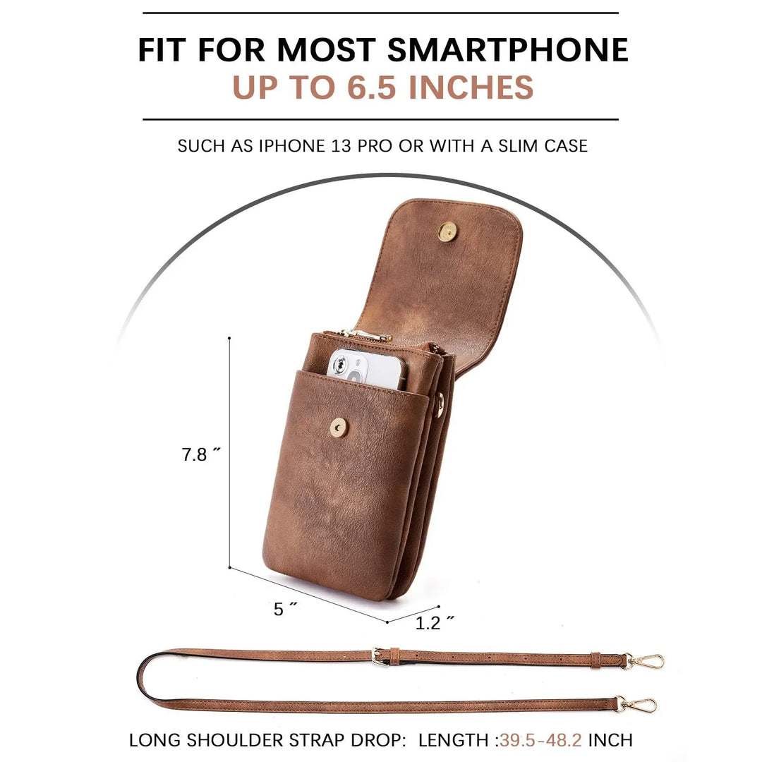 Brown leather crossbody phone purse with open top flap, dimensions and detachable shoulder strap