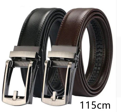 Two 115cm leather belts in black and brown with silver metal buckles