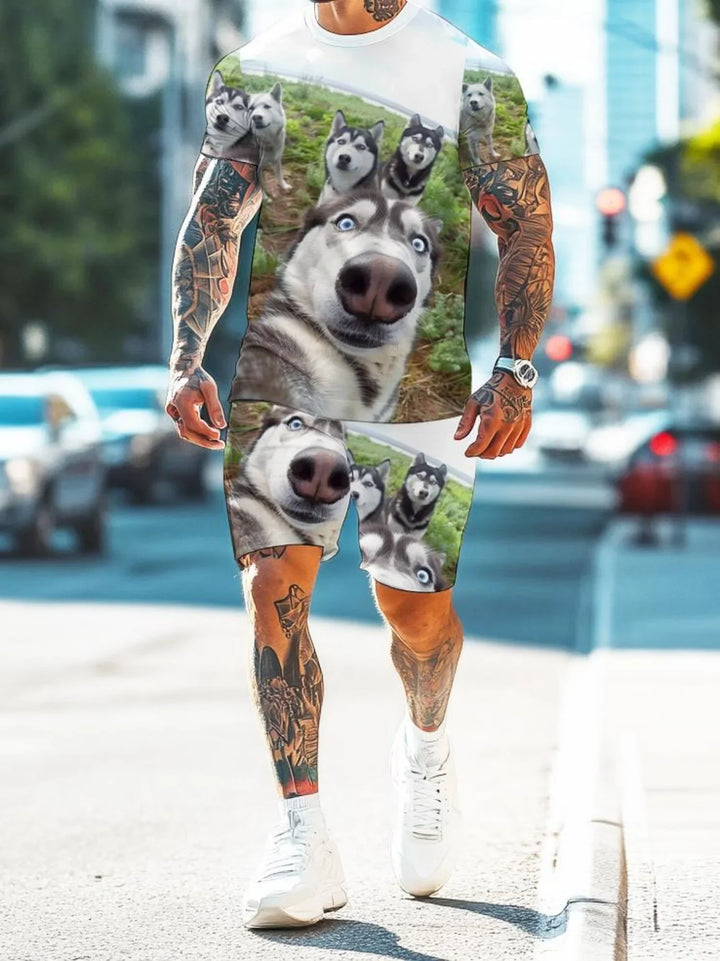Man wearing matching t-shirt and shorts with large cartoon husky dog print walking on city street