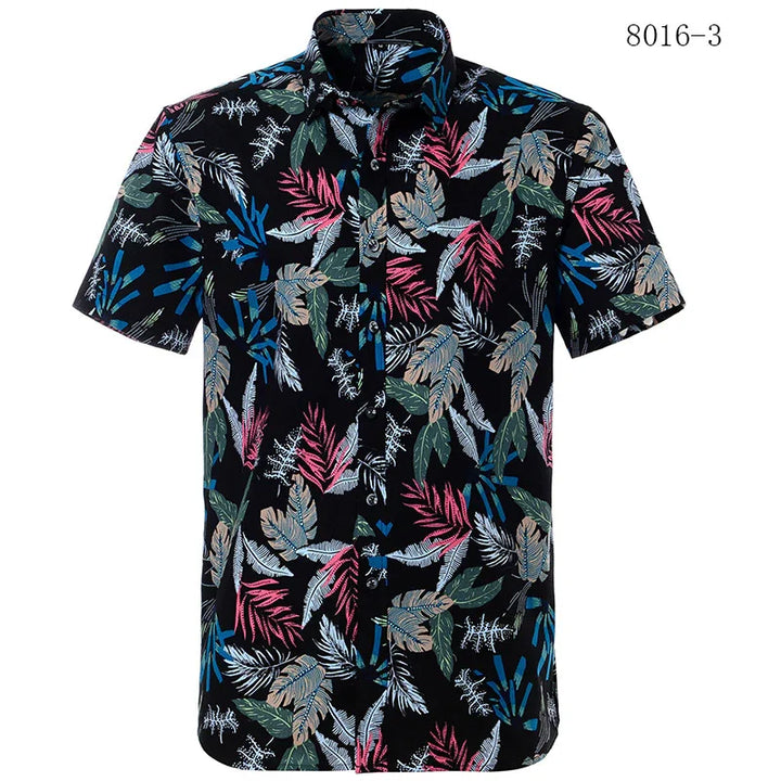 Men's short-sleeve black shirt with colorful tropical leaf print in pink, blue, green, and white