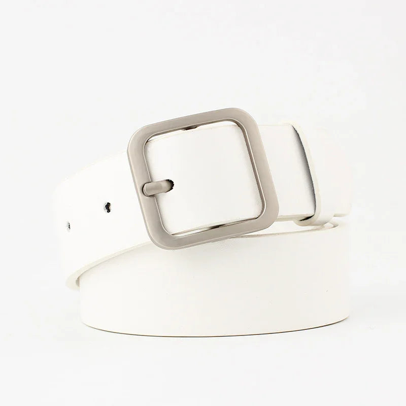 White leather belt with a square silver metal buckle on a white background