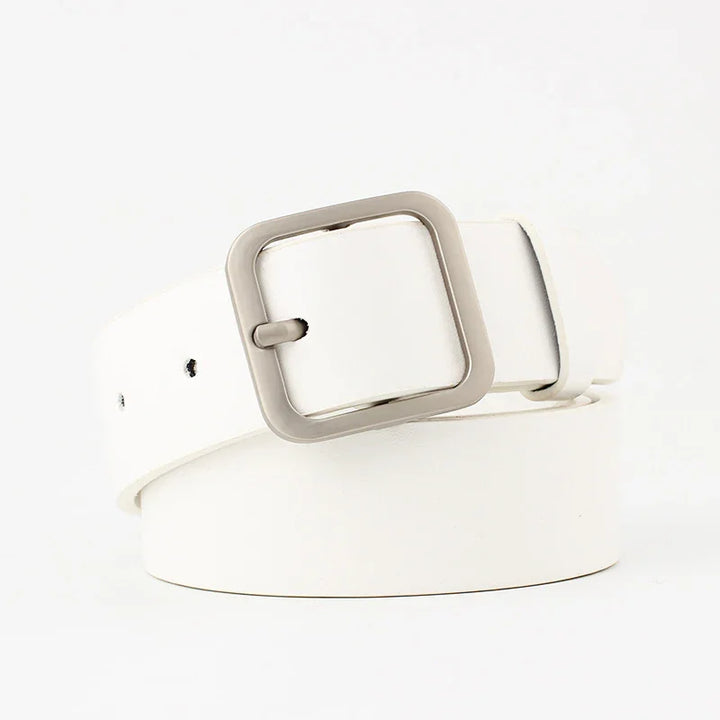 White leather belt with a square silver metal buckle on a white background