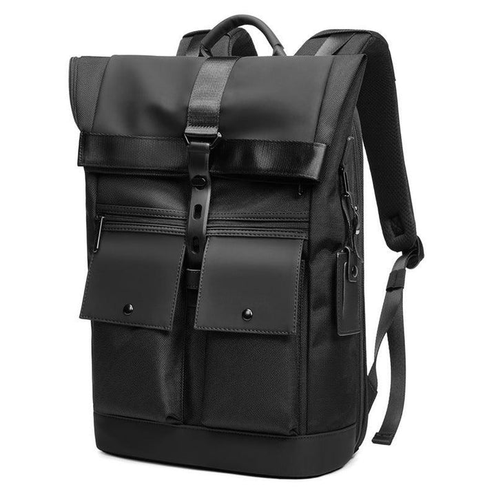 Black roll-top backpack with front buckle strap, dual snap pockets, and padded shoulder straps