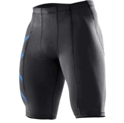Black compression shorts with blue stripes, athletic wear for men