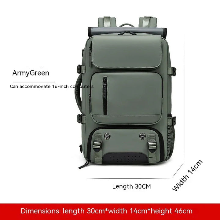 Army green backpack for 16-inch laptop, large front pockets, size 30x14x46cm