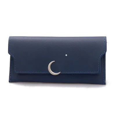 Navy blue leather wallet with silver crescent moon and small star design on flap