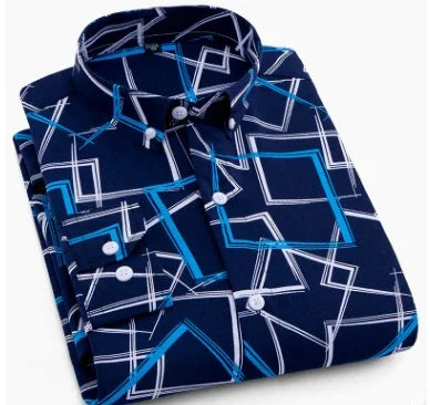 folded navy blue dress shirt with white and blue geometric square patterns and white buttons