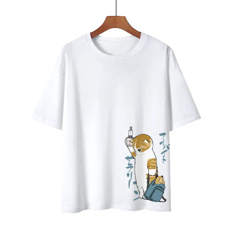 White t-shirt with cute cartoon cat holding a train strap and a small animal peeking from a blue backpack