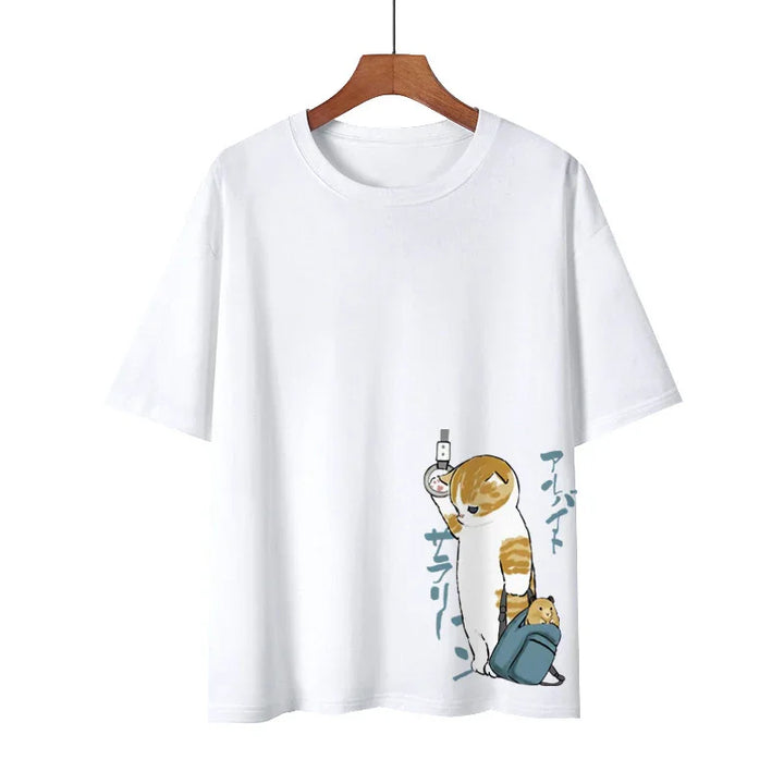 White t-shirt with illustration of a cat holding a travel tag and a hamster in a backpack
