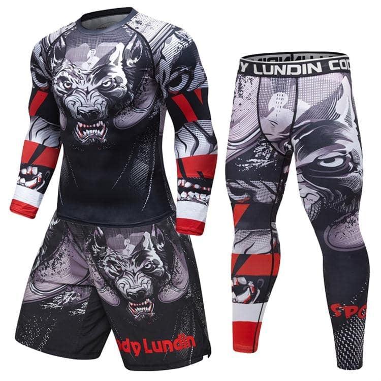 Men's MMA rash guard set with fierce wolf graphic, black and red athletic compression wear