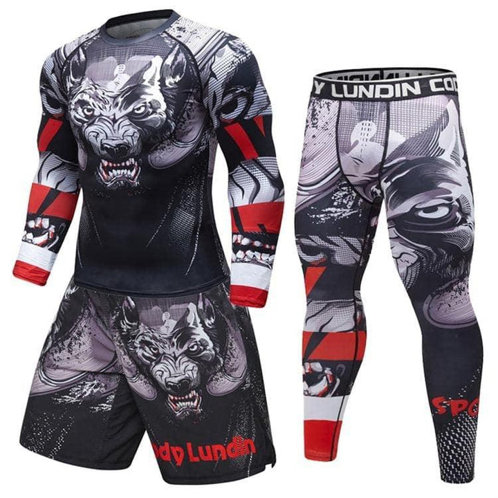 Men's MMA rash guard set with fierce wolf graphic, black and red athletic compression wear