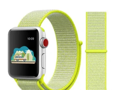 Silver smartwatch with digital display and neon yellow woven nylon band, shown from front and side views