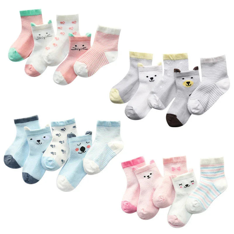 Four sets of colorful baby socks with animal faces and stripes in pastel pink, blue, yellow, and gray colors