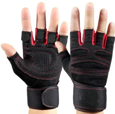 Pair of black and red fingerless workout gloves with wrist support on hands